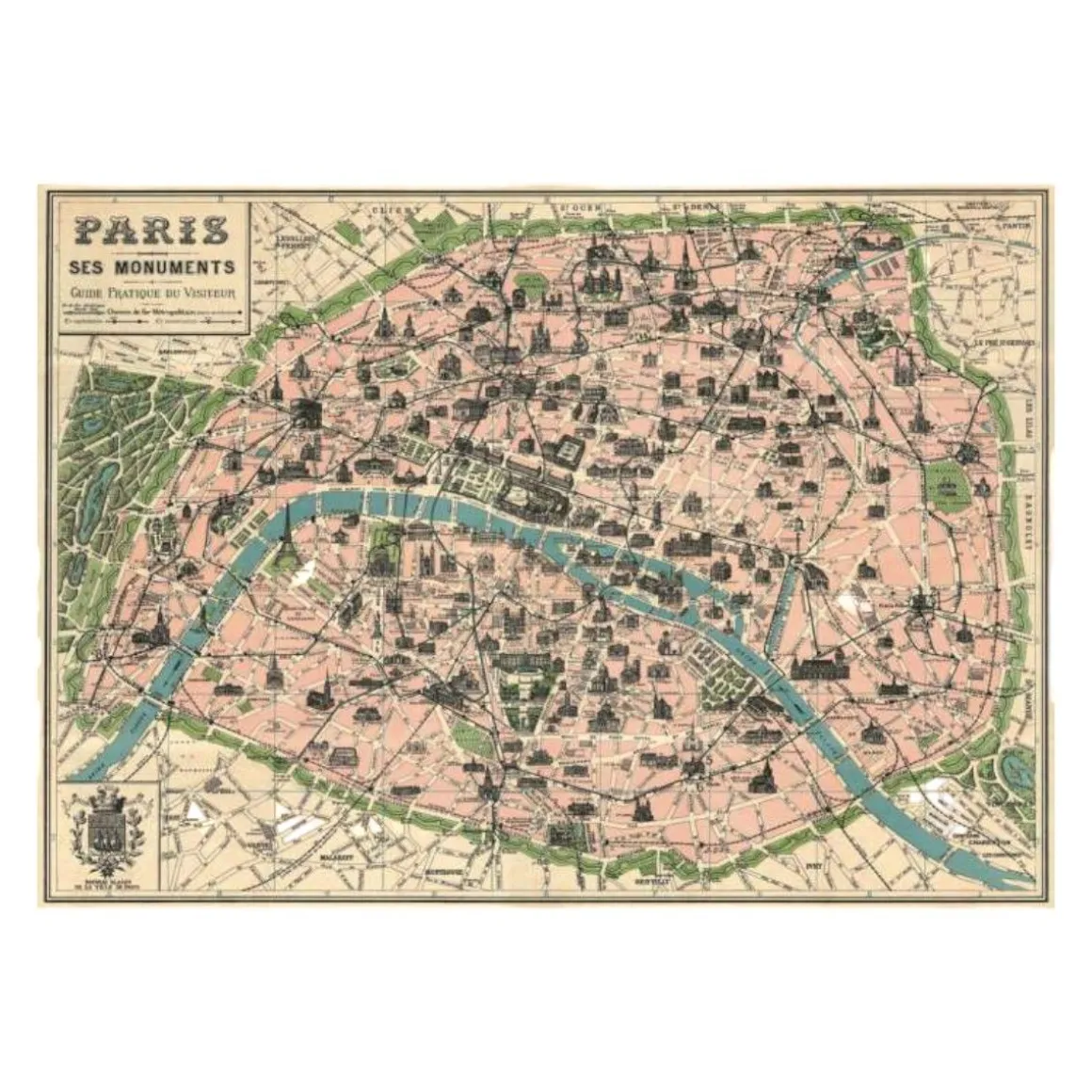 Affiche vintage plan de Paris et ses monuments