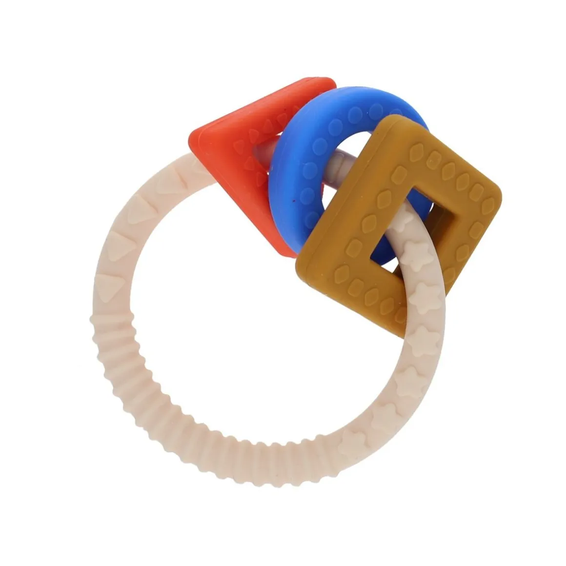 Anneau de dentition silicone formes bleu et moutarde