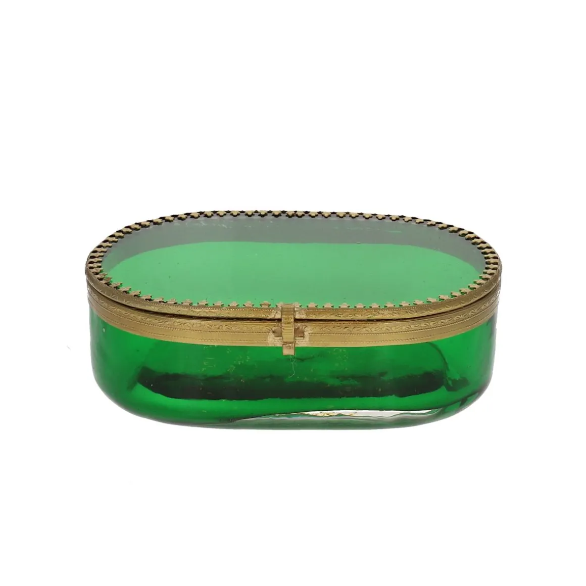 Boite ovale verte en verre et laiton