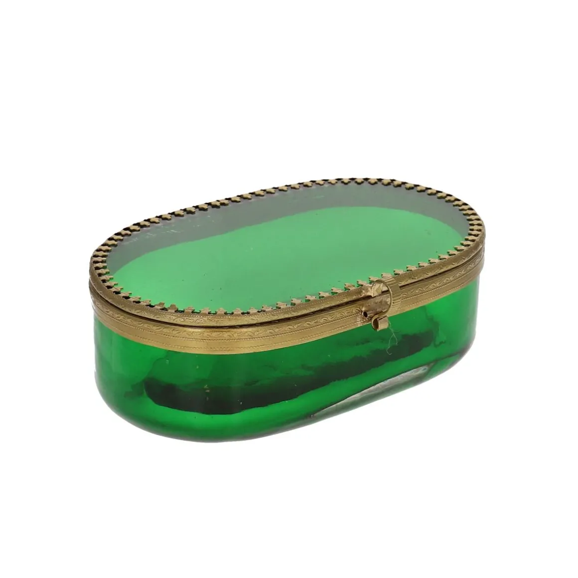 Boite ovale verte en verre et laiton