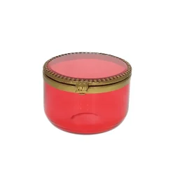 Boite ronde rose en verre et laiton