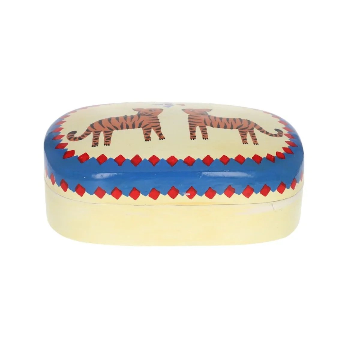 Boîte bleue et écrue en papier mâché - Tigre du Bengale