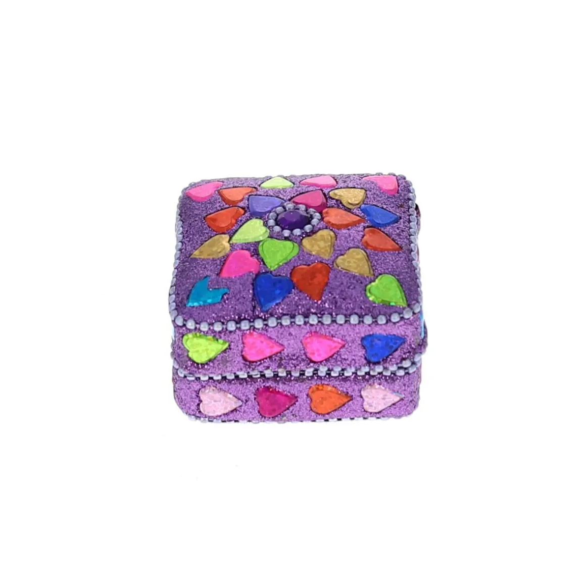 Boîte indienne carrée lilas et cœurs multicolores