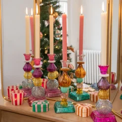 Bougeoir haut en verre multicolore rose