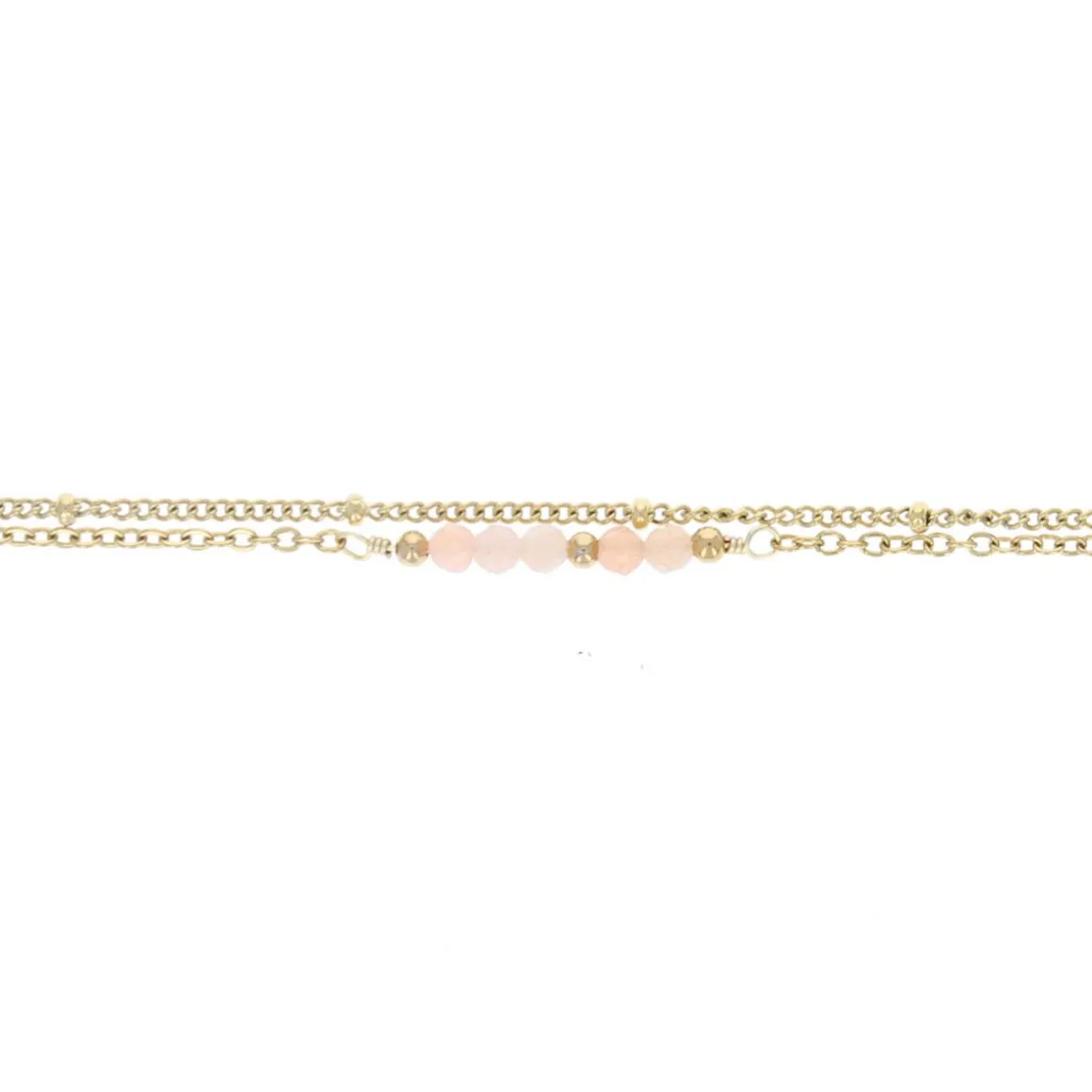 Bracelet chaîne double doré et perles quartz rose