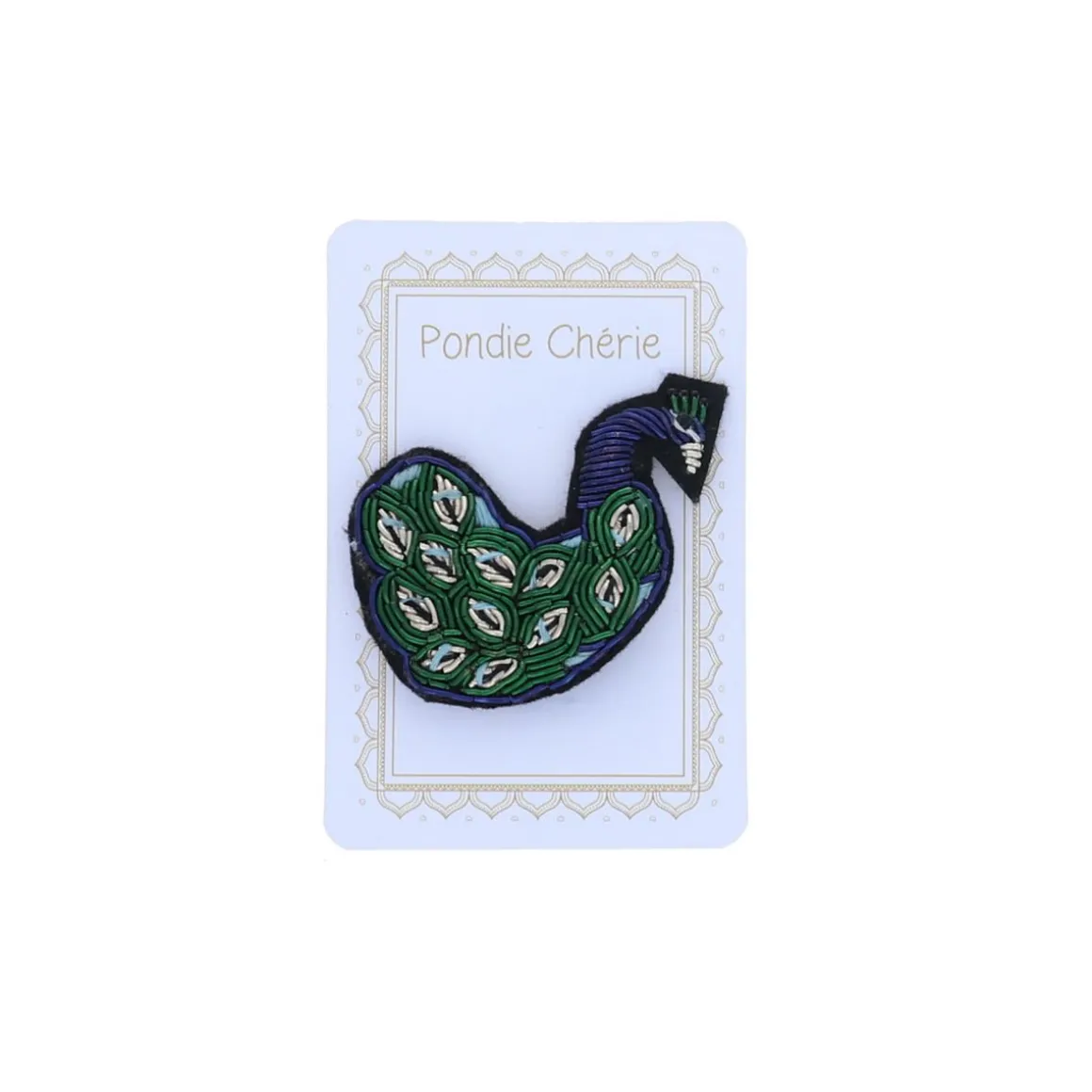 Broche brodée paon vert