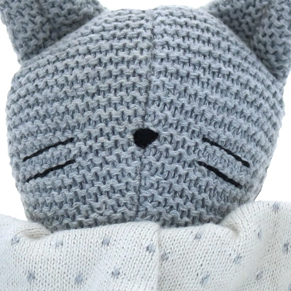 Doudou chat bleu collerette ivoire à pois