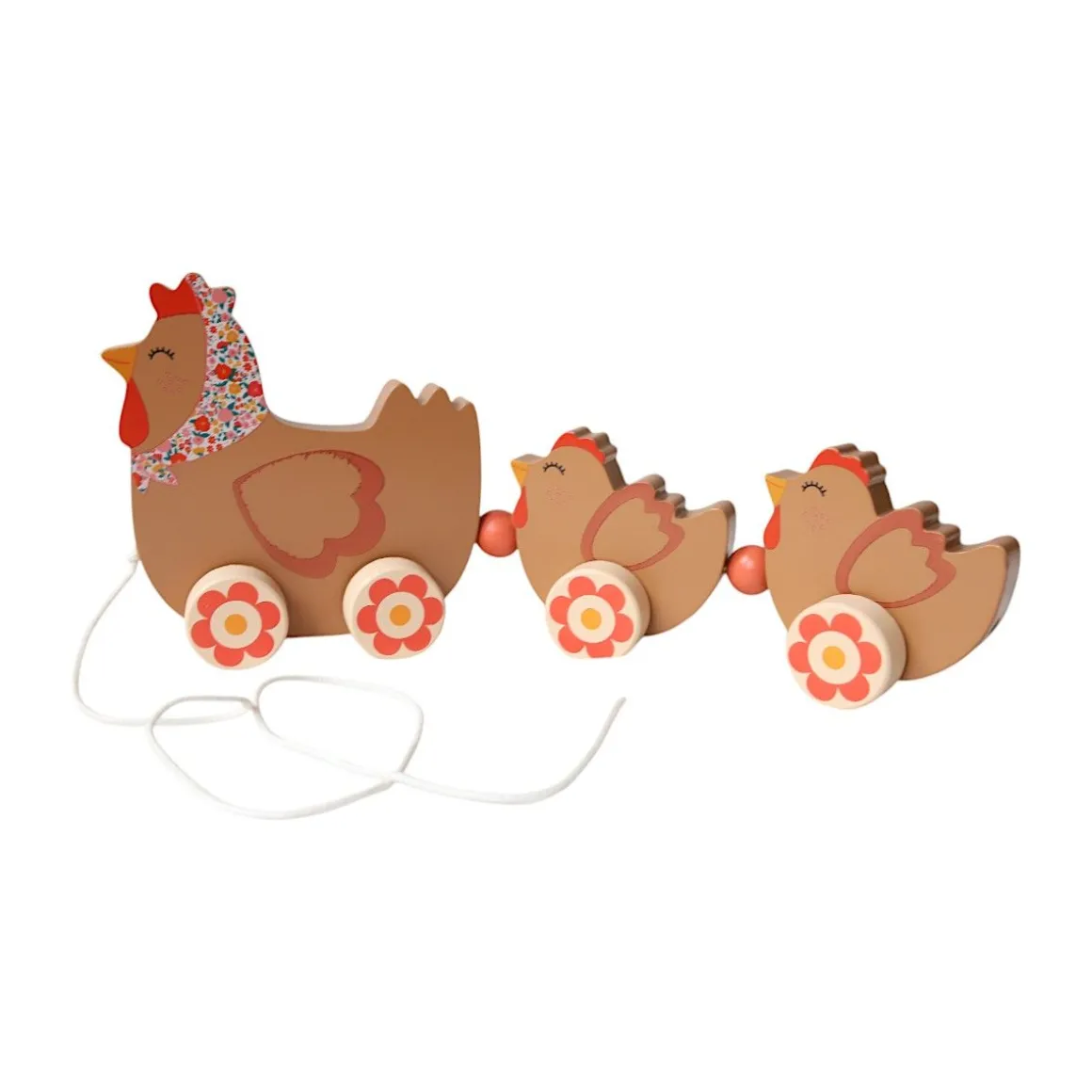 Famille poule à tirer jouet en bois - La petite poule rousse