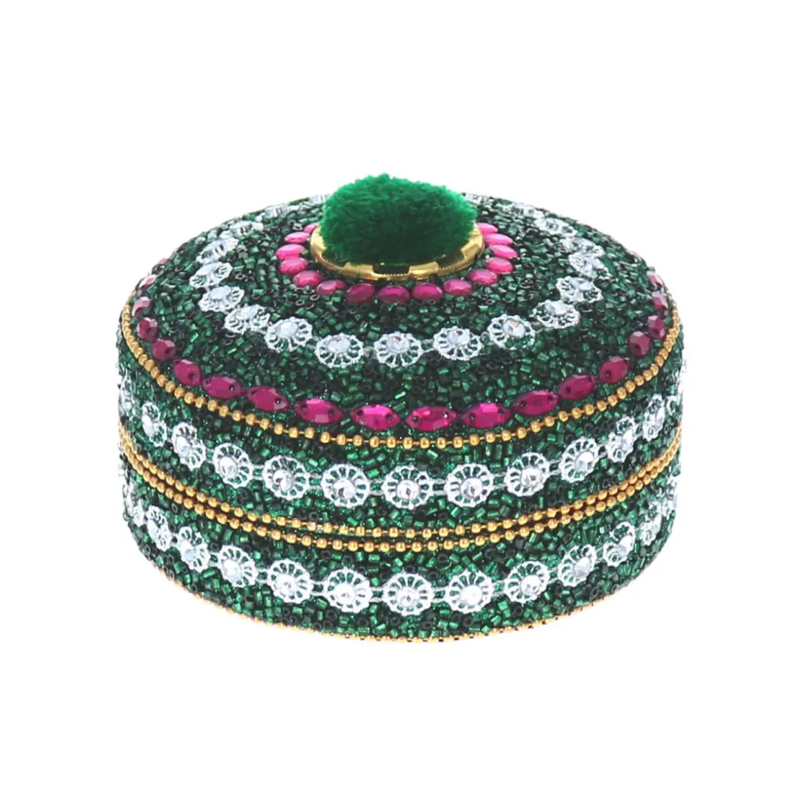 Grande boîte indienne ronde pompon vert