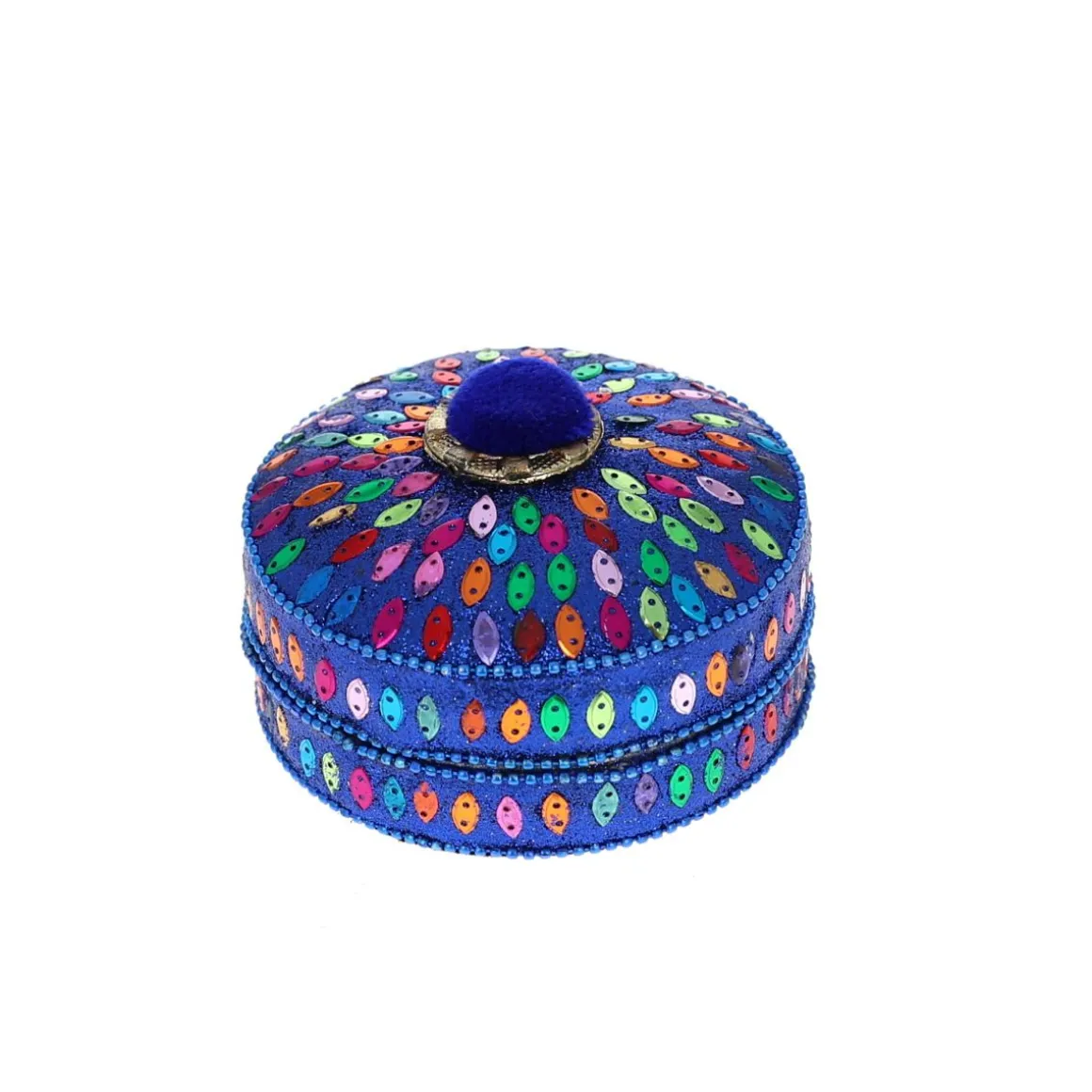 Grande boîte indienne ronde pompon bleu