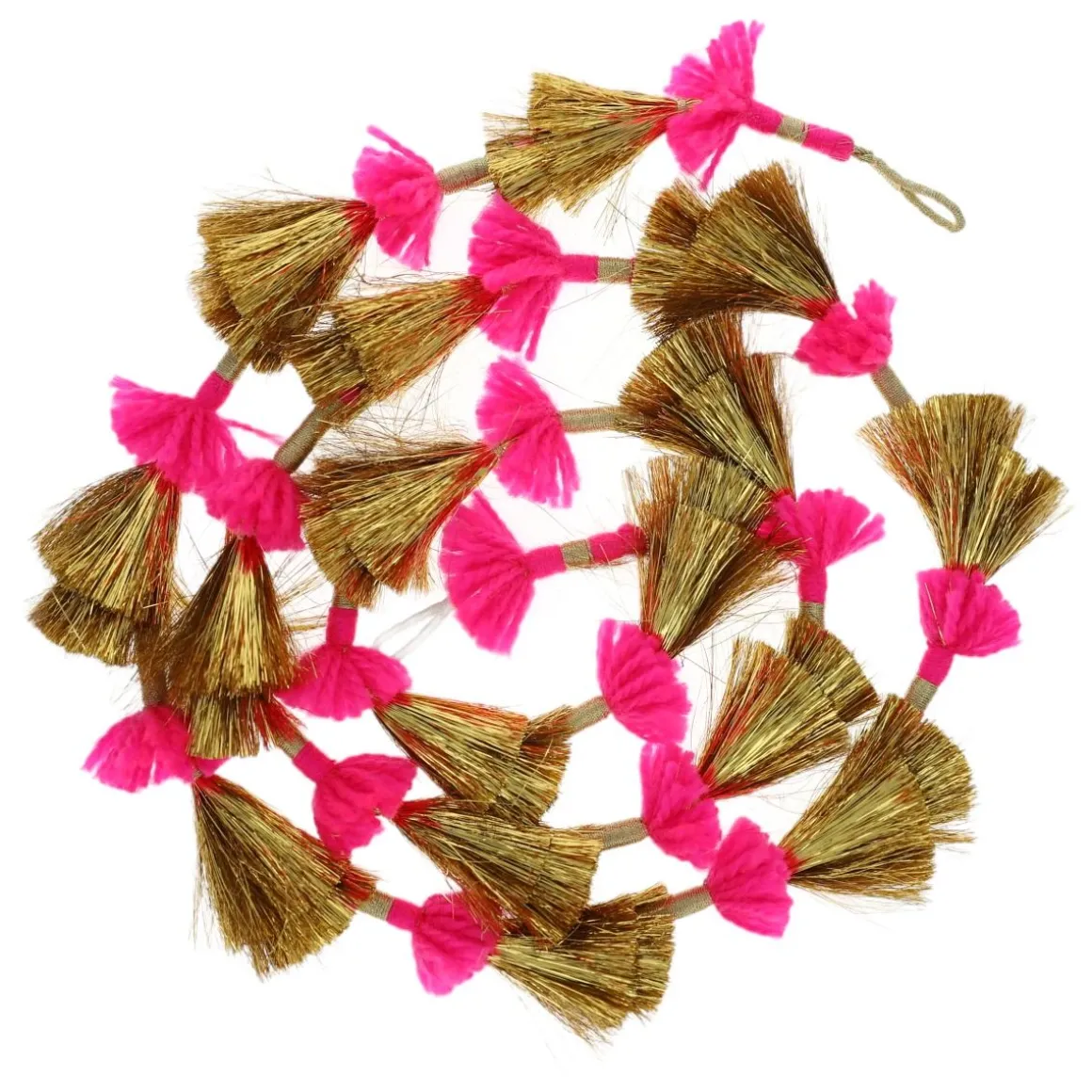 Guirlande indienne dorée et rose à pompons