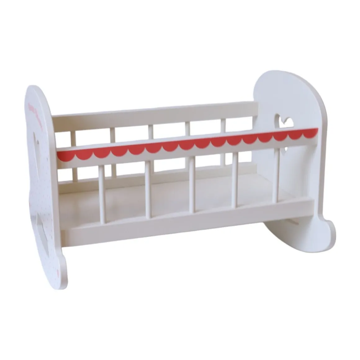 Lit à bascule en bois pour poupée cœurs terracotta