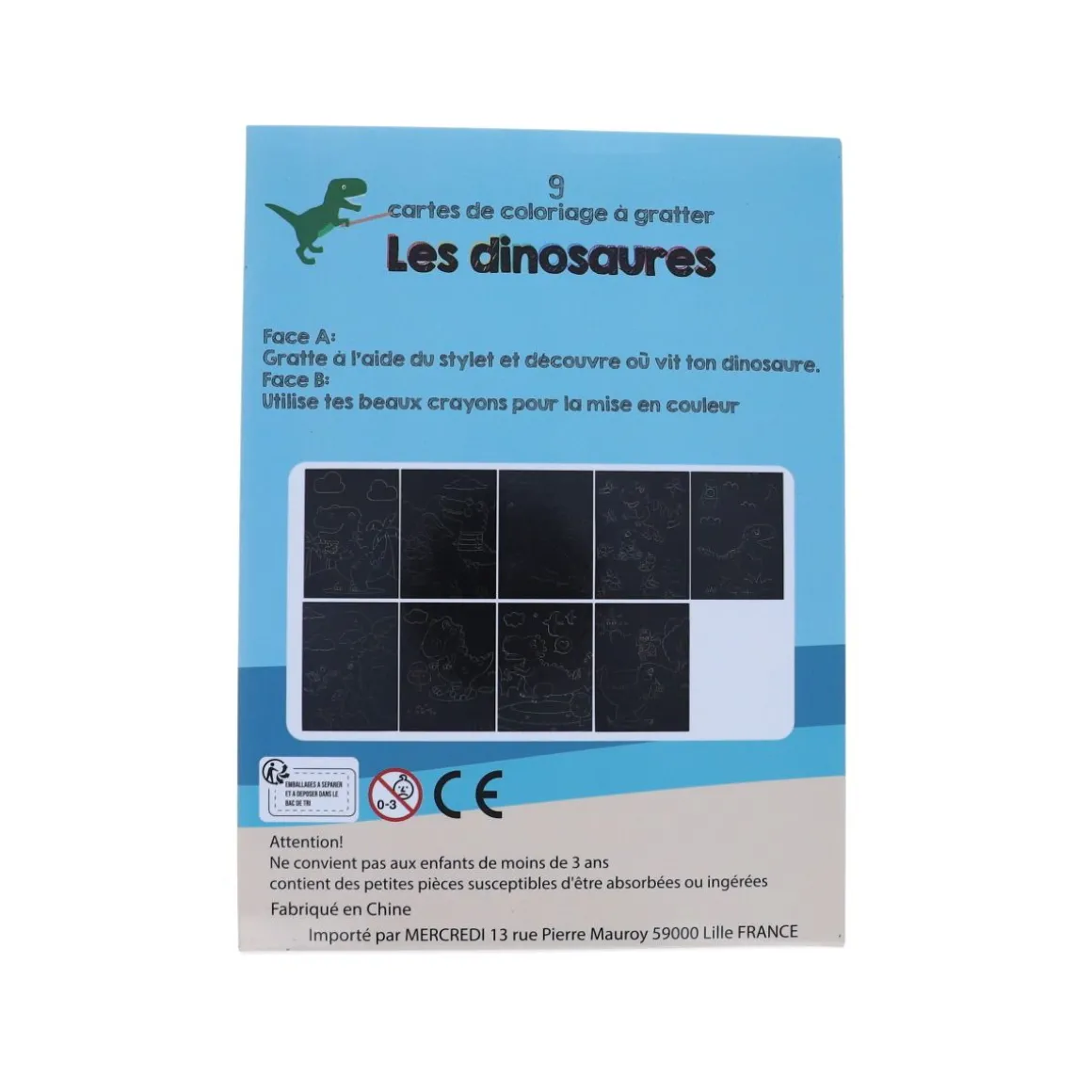 Lot de 9 cartes de coloriages à gratter dinosaures