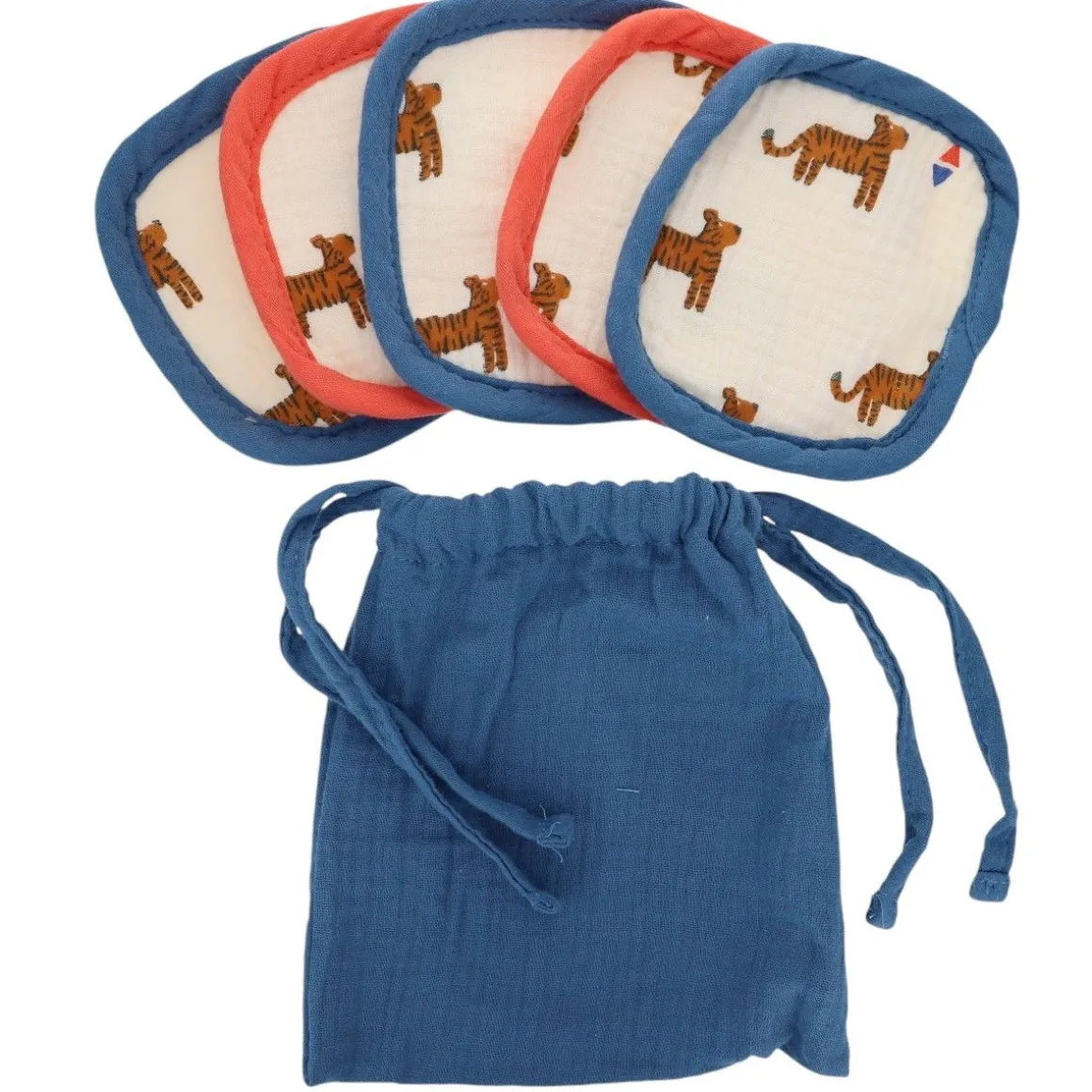 Lot de 5 lingettes lavables pochon bleu - Tigre du Bengale