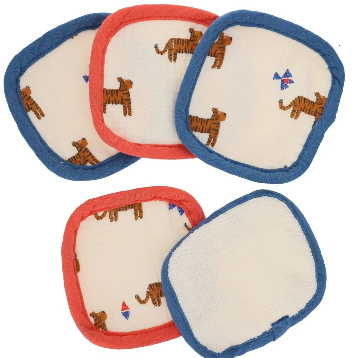 Lot de 5 lingettes lavables pochon bleu - Tigre du Bengale
