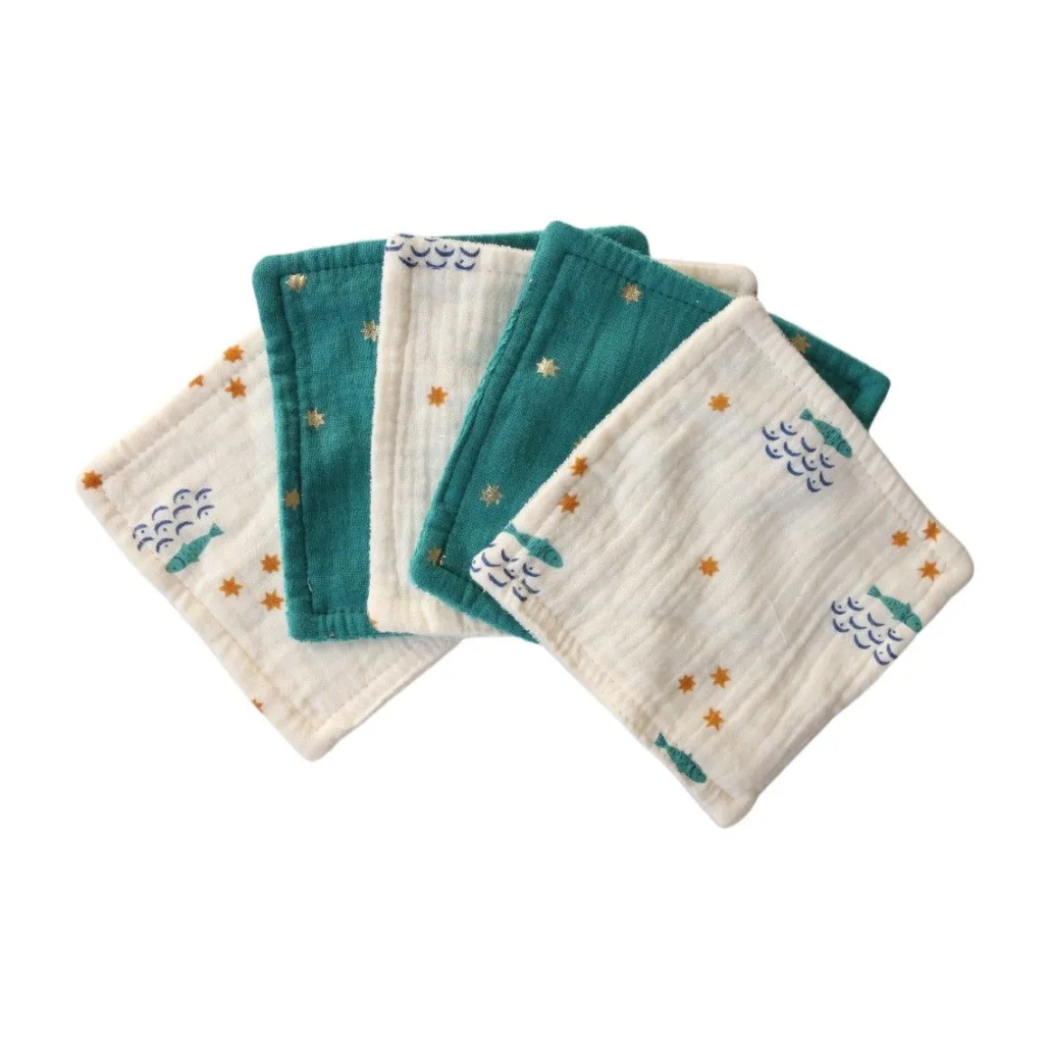 Lot de 5 lingettes lavables pochon écru poissons - Ma bonne étoile