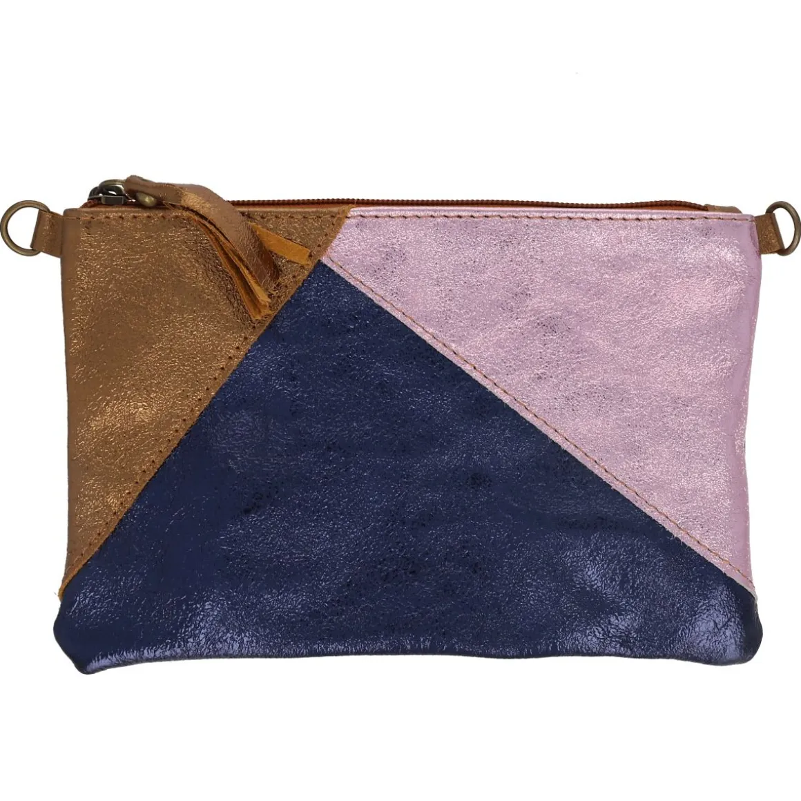 Pochette tricolore cuir bleu bronze et rose