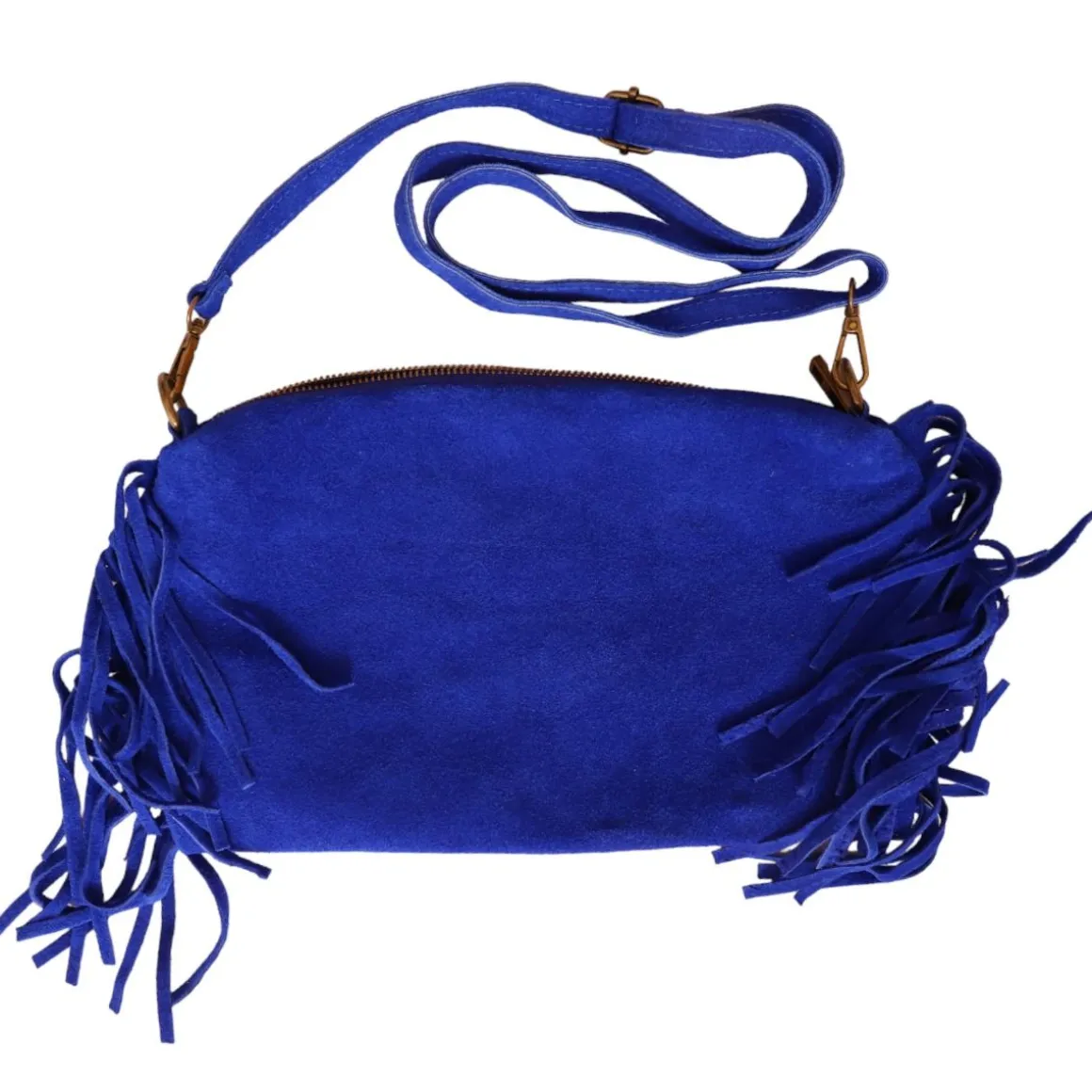 Sac à mains à franges daim bleu majorelle