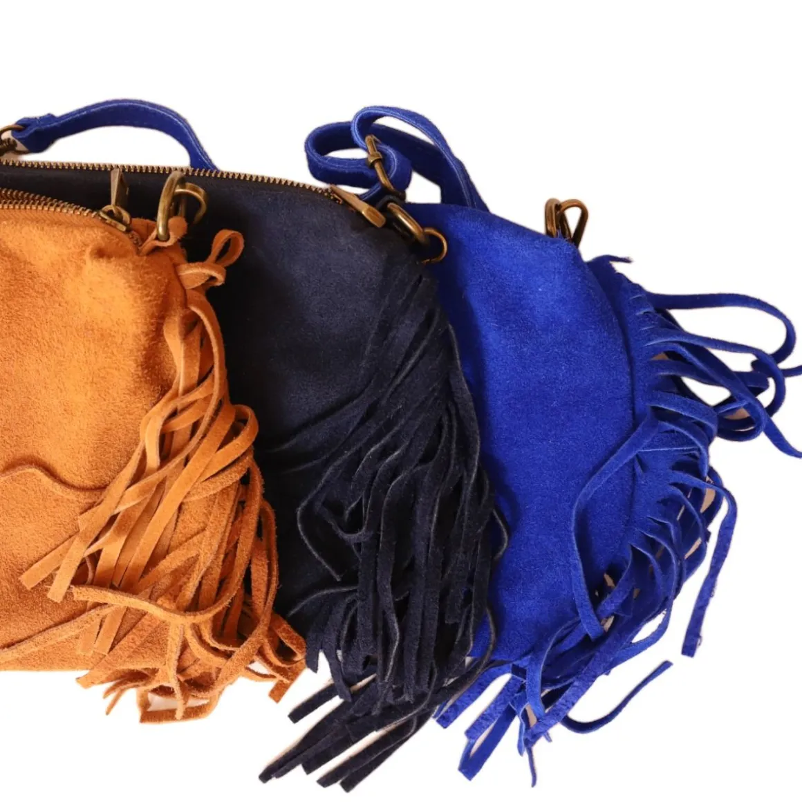 Sac à mains à franges daim bleu nuit