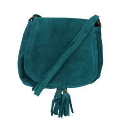 Sac à rabat daim bleu turquoise à pompons