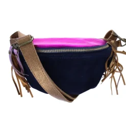 Sac banane à franges cuir bleu et rose