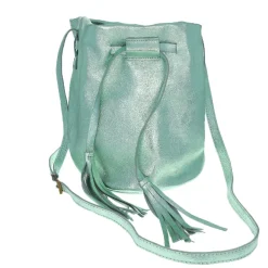 Sac bourse cuir vert menthe à pompons