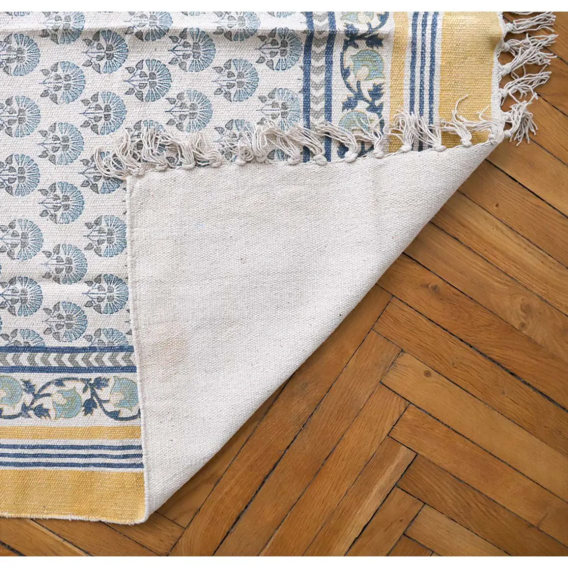Tapis blockprint fleur bleue 120X180
